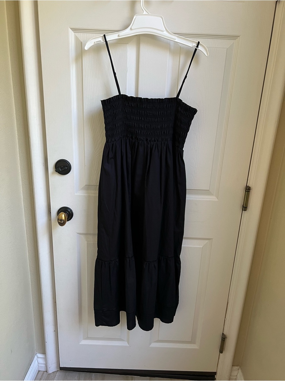 Smocked Black Midi Dress with Adjustable Spaghetti Straps